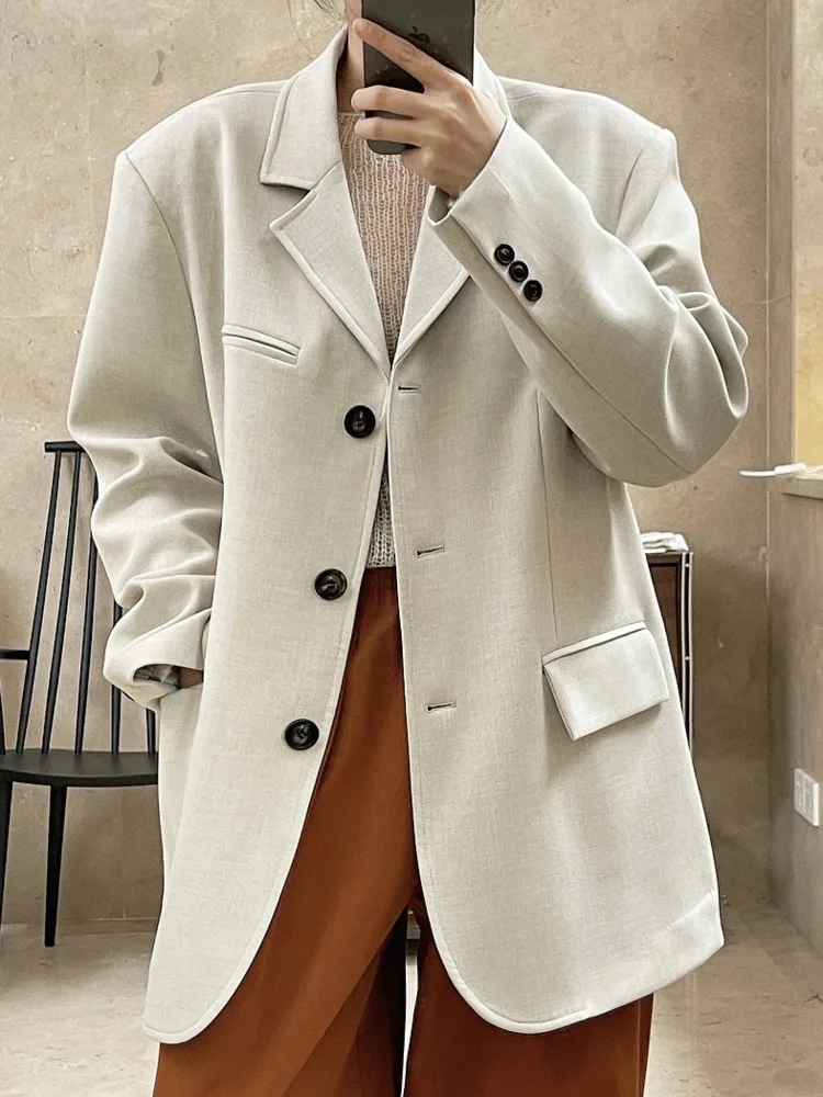 [LANMREM] Solid Loose Blazer For Women Notched Single Breasted Long Sleeve Office Lady Jackets Fashion 2024 Spring New 26D942