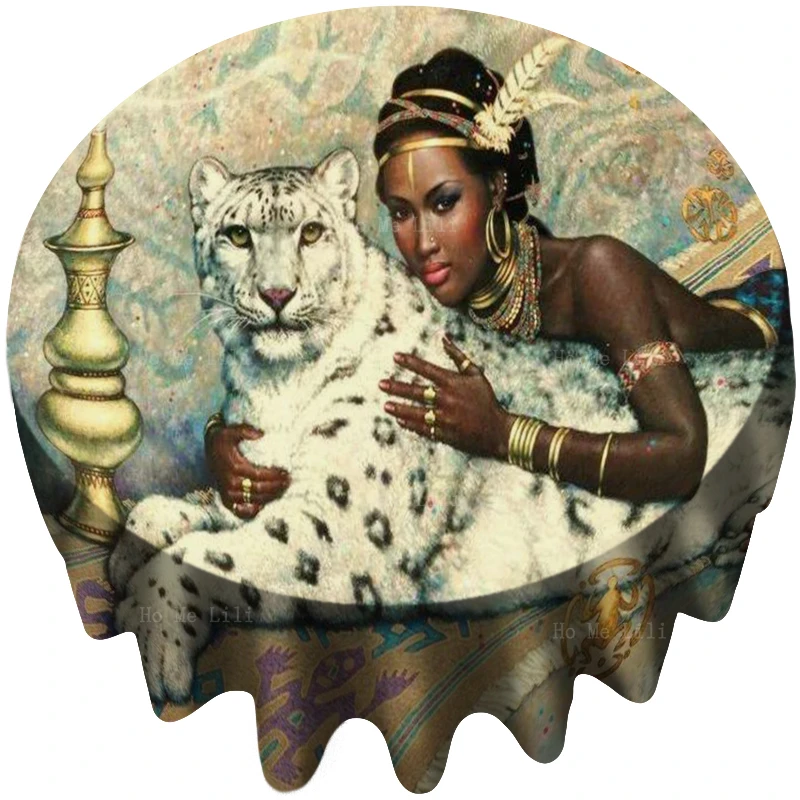 

Fantasy Africa Beauty Of Goddess Strong And Sensual Women And Wild Animals Round Tablecloth By Ho Me Lili For Tabletop Decor
