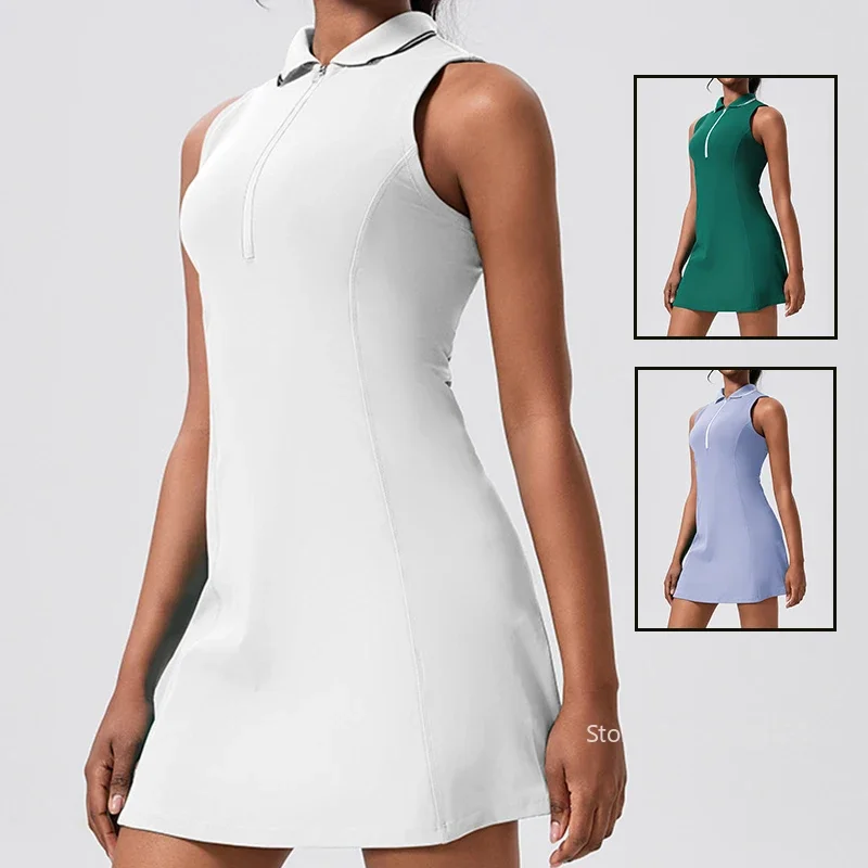 Sleeveless Zipper Collar Tennis Dresses Women Workout Athletic Tennis Skirt Dress Slim Golf Dress with Shorts and Pockets