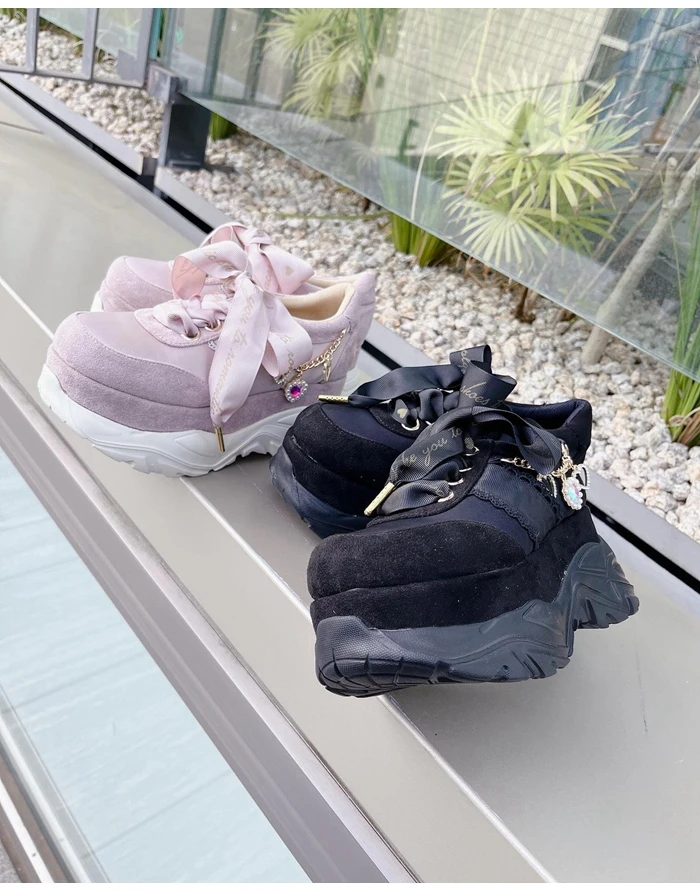 Japanese Sweet Solid Color Rhinestones Chain Cross Strap Sneaker Spring Autumn Sweet Cute Round Toe Thick Bottom Female Sneakers