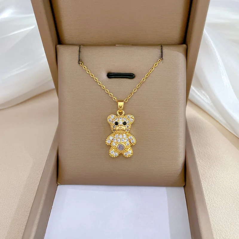 

Gorgeous Cute Bear Zircon Copper Pendant Women Fashion Animal Decor Gold Stainless Steel Bamboo Chain Jewelry Anniversary Gift