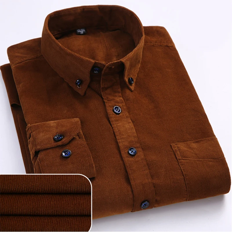 Cotton Shirt Plus Size S~7XL Corduroy 100% Cotton Mens Long Sleeve Shirt