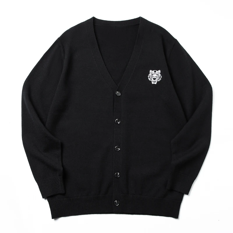 

High Quality Men's Knitted Cardigan Autumn/Winter Tiger Embroidery British Trend Fashion Casual Solid Color Sweater Warm Coat