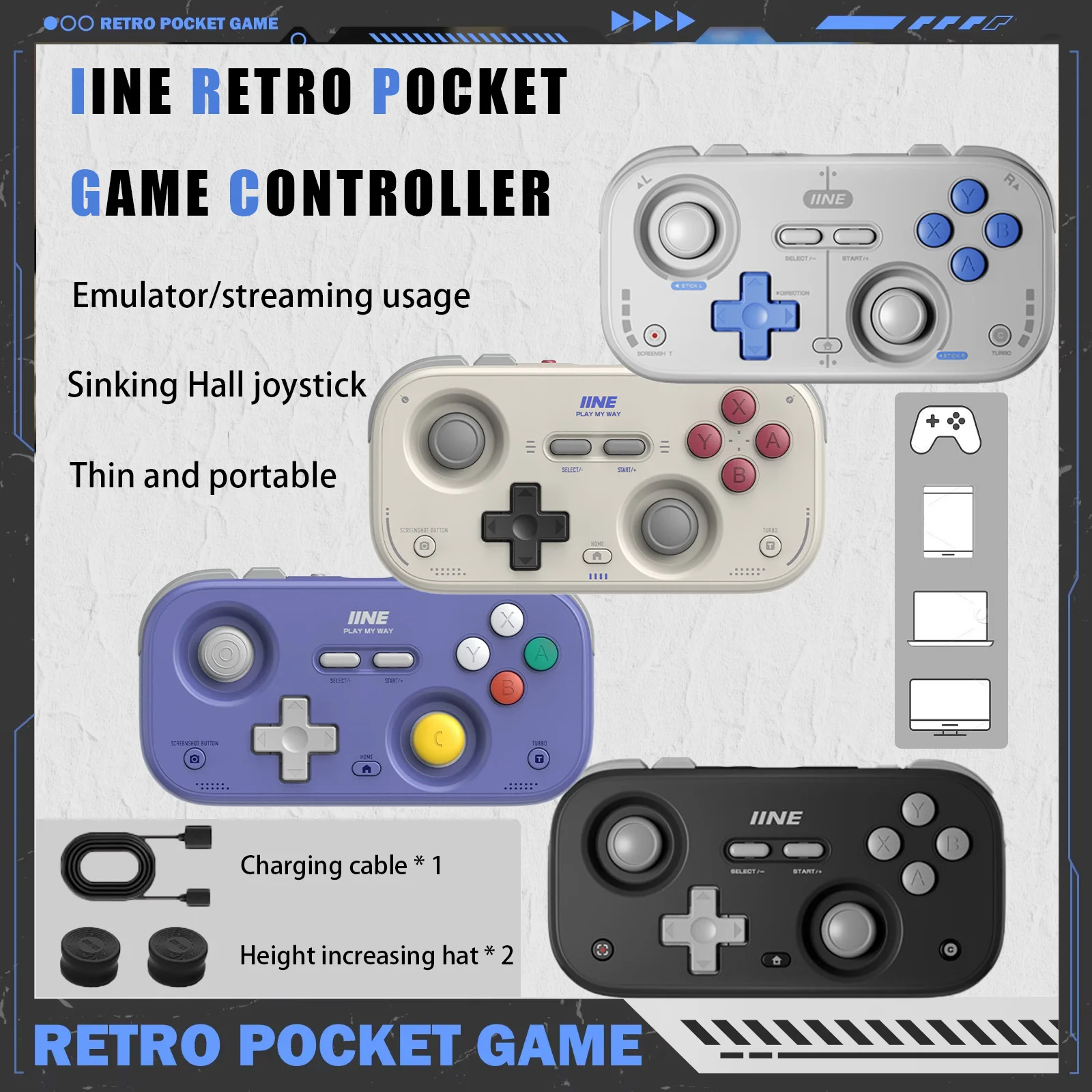 IINE Retro Pocket Game Controller Compact Portable with Hall Joysticks 1000Hz Recessed Joystick Customizable Controls M