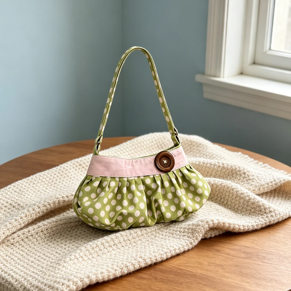 Borsa a Spalla Retrò a Pois con Bottoni in Legno, Borsa a Mano con Design Plissettato, Borsa Morbida a Forma di Raviolo, Borsa Casual a Righe per Pendolari - immagine 4
