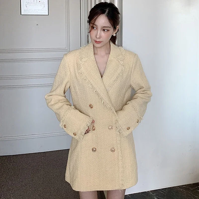 

Insozkdg Korea Style Chic Autumn Winter Elegant Suit Jacket Double-breasted Loose Mid-length Tassel Rough Tweed Coat Jackets Top