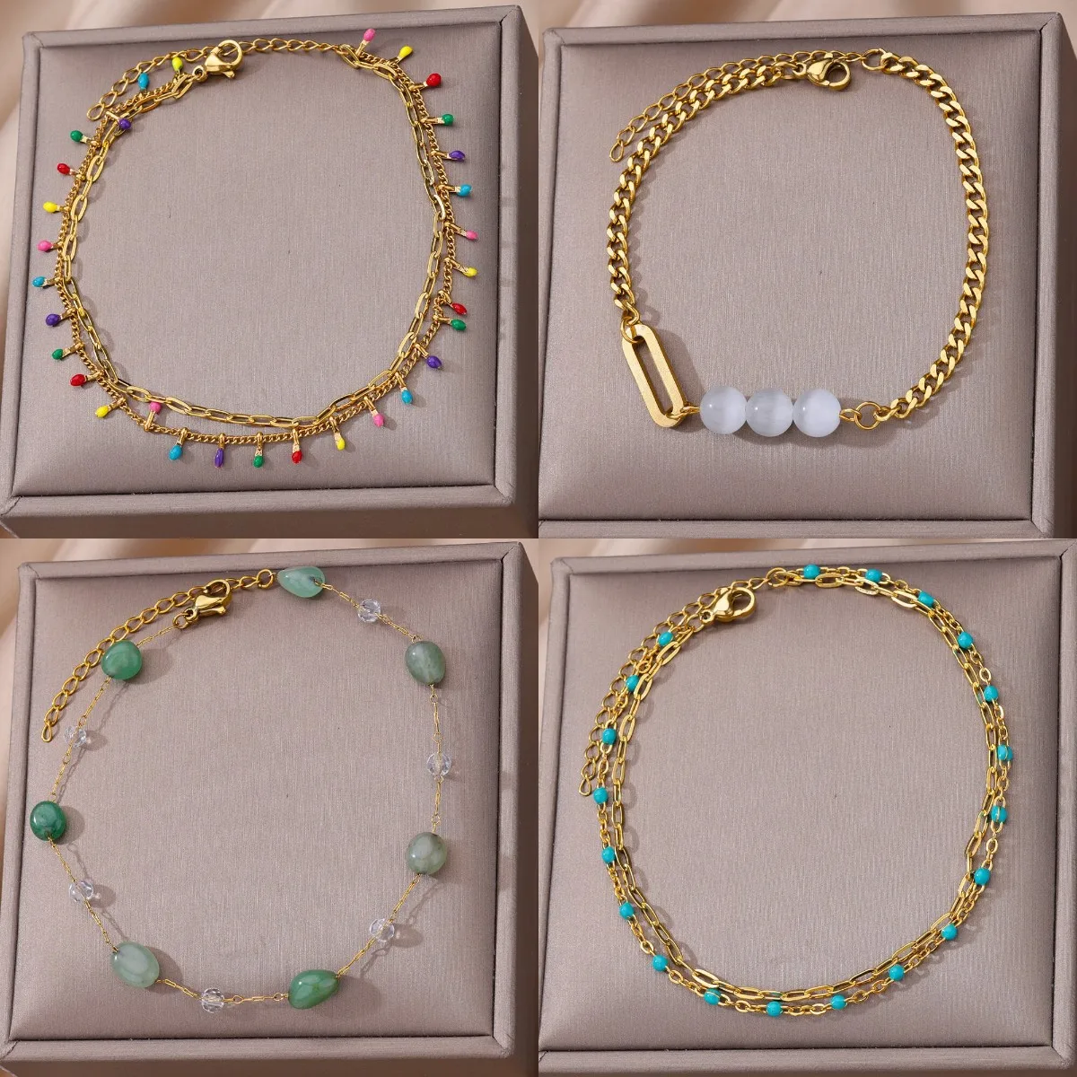 Beads Anklet Ankle Chains Boho Colorful Bead Stone Anklets For Women Gold Color Stainless Steel Anklet Luxury Wedding Aesthetic Jewelry Vacation Gift