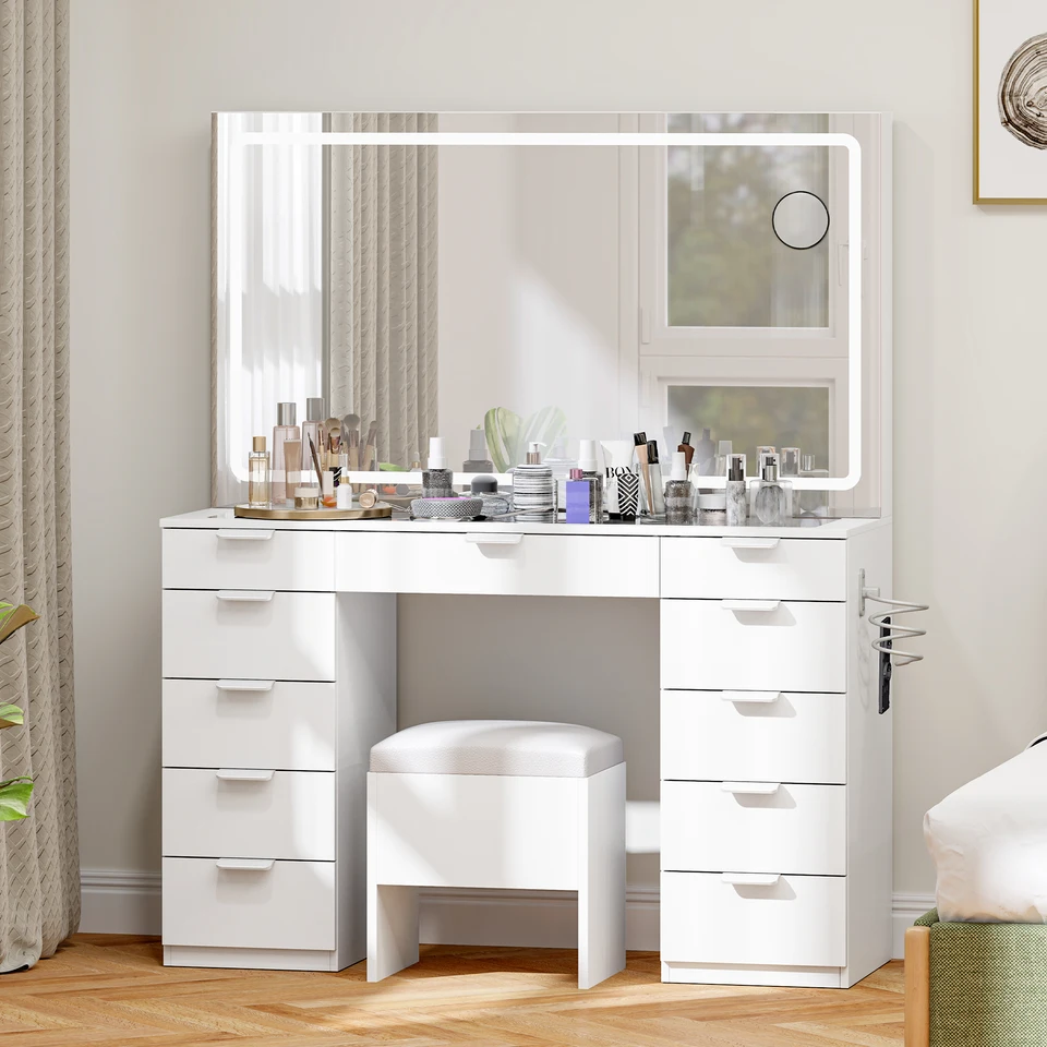 Coiffeuse Avec Miroir LED Et Tabouret, Miroir Et Lumières à 3 Couleurs Luminosite Reglable Pieds En Bois Massif 5 Tiroirs De Rangement Blanc 96392832