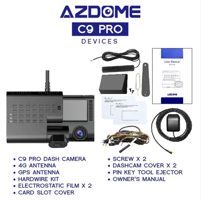 AZDOME C9 Pro 4G Car DVR Dual Lens HD 1080P Live Video GPS Tracking WiFi Remote Monitoring Dash Cam Camera Recorder Free Web APP