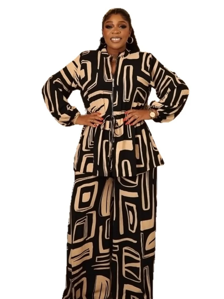 Wmstar Two Piece Set Women Wholesale Elegant Commuter Stand Up Collar Printed Drawstring Waist Cinching Long Sleeved 2025