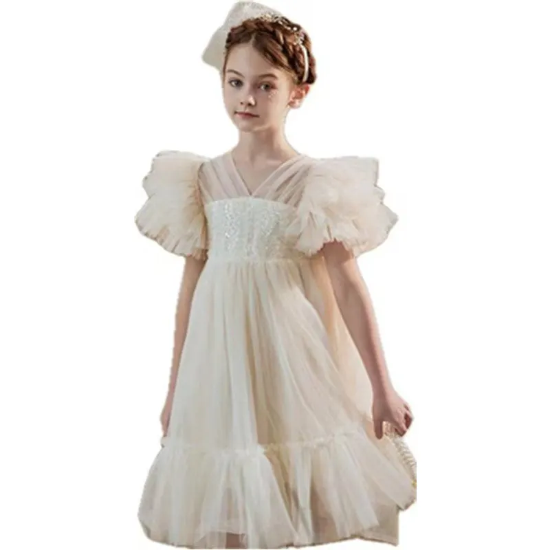 Summer Hot Sale Girls Champagne White Wedding Party Dresses Fashion Mesh Ruffle Sleeve Costume for Baby 4 5 7 9 11Years Old