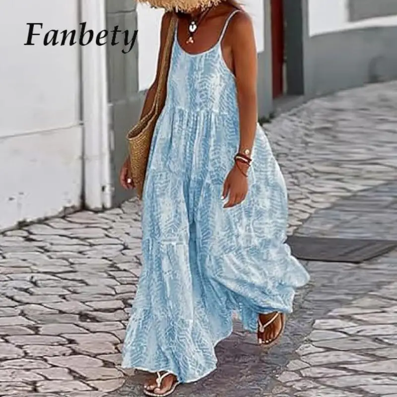 

Женское богемное платье-макси с принтом, свободное платье на бретельках без рукавов с широким подолом и открытой спиной, элегантное платье с принтом, лето 2024