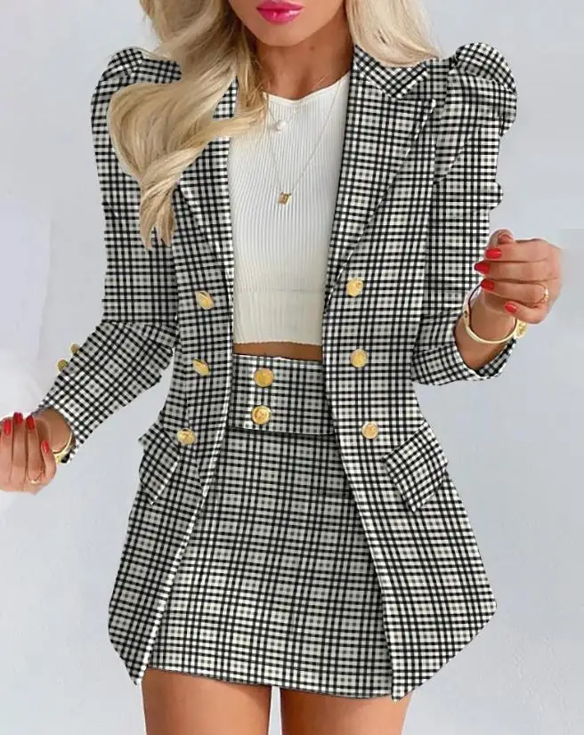 Womens Outfits Elegant Ladies Office Women's Blazer Sets 2023 Autumn Plaid Print Puff Sleeve Buttoned Blazer Coat & Skirt Set