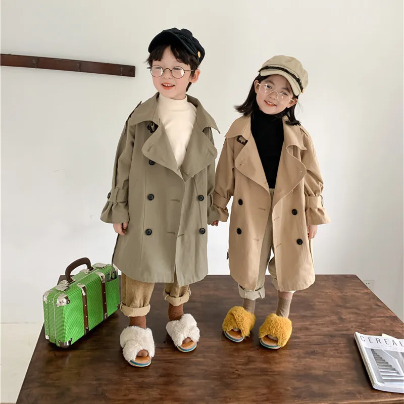 가을 가을 키즈 패션 트렌치, 큰 턴다운 칼라, 긴 바람막이, 어린이 겉옷,  코트, 2-7 세 남아 여아