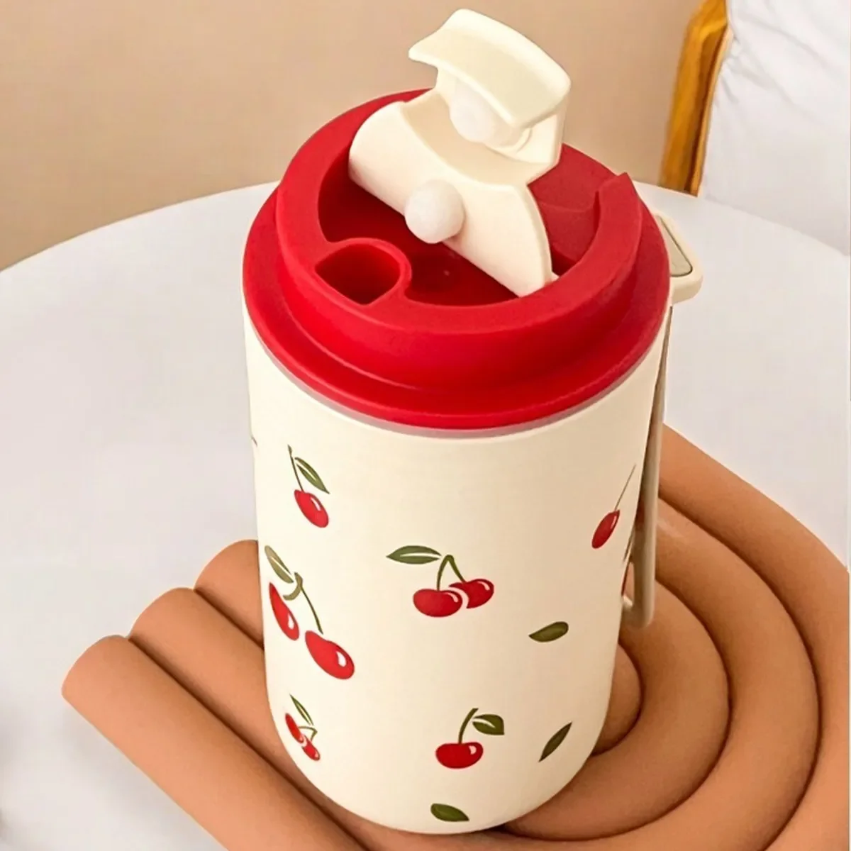 Cherry Pattern Reusable Water Bottle with Rope Handle - 350/400ml Capacity