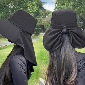 Ladies' fashionable sunscreen bucket hat with ponytail hole, adjustable drawstring closure, suitable for outdoor and casual wear