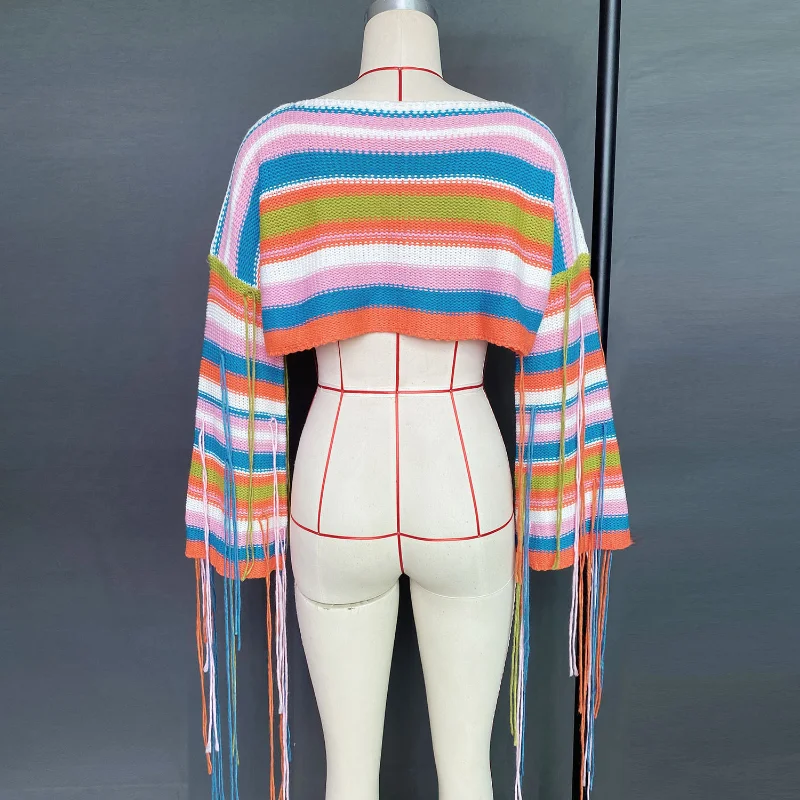 Tassel Contrast Holiday Sweater Pullovers For Women Loose Flared Sleeve Beach Boho Knit Female Cover up Pullover Crop top