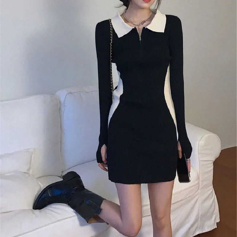 

Plus Size Temperament Polo Neck Knitted Dress Women's 2024 Spring Autumn New Slimming Dresses Long-sleeved Underskirt Wrap Skirt