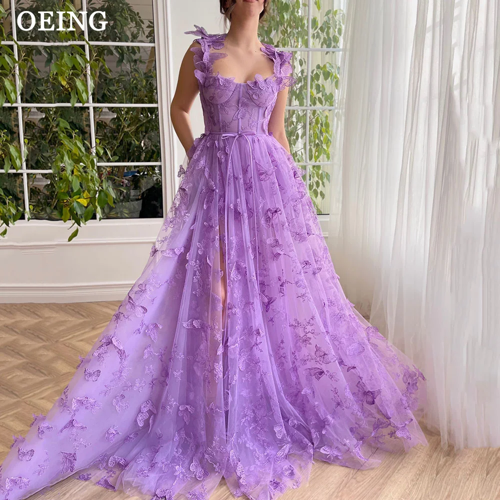 

OEING Pastrol Purple Prom Dresses Fairy Spaghetti Strap 3D Butterfly Side Split Party Dress For Women Lace Up Back Evening Gowns