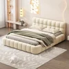 Modern Queen Upholstered Bed Frame No Box Spring Needed Beige Bedroom Furniture with Wingback, Linen Low Plattform Bed 1