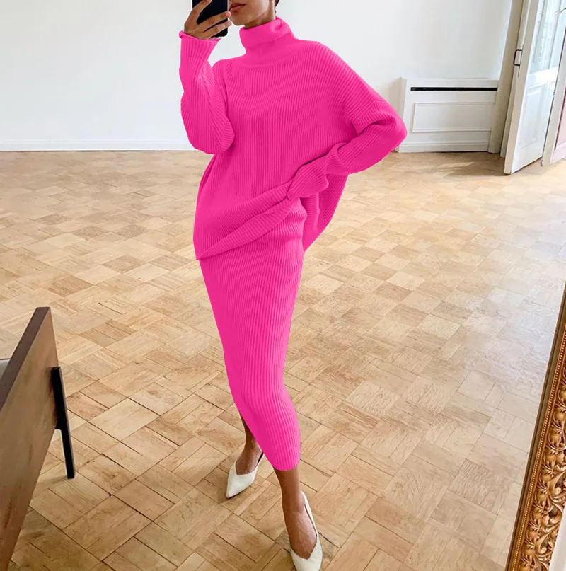 Knitted 2 Piece Outfit Set Casual Long Sleeve Sweater Top And Pencil Long Skirts Elegant Autumn Two Piece Sweater Sets