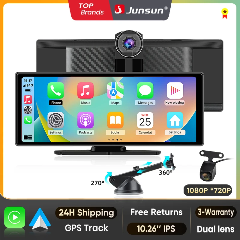 Junsun 10.26" Car DVR 4K Camera Wireless CarPlay Android Auto Ai Screen Dash Cam Dashboard Dual Lens Video Recorder GPS FM AUX
