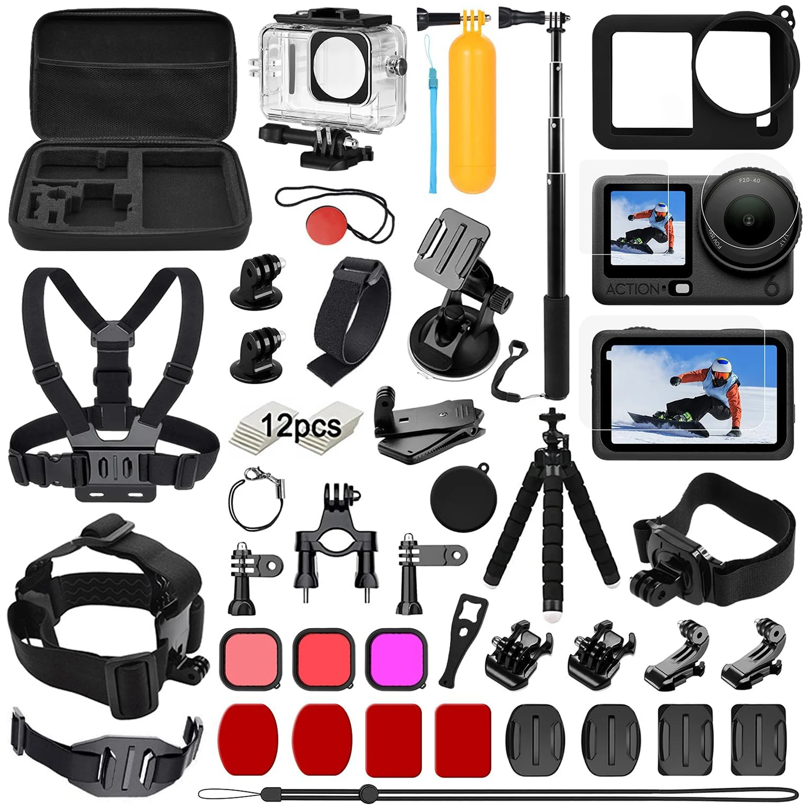 Kit di accessori per action camera per DJI Osmo Action 6, kit di accessori essenziali con custodia impermeabile e copertura protettiva per l'obiettivo