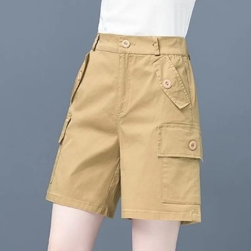 2024 Women's Summer New Patchwork Button Zipper Pocket Fashion Solid Color Fashion Office Lady Loose All Match Casual Shorts