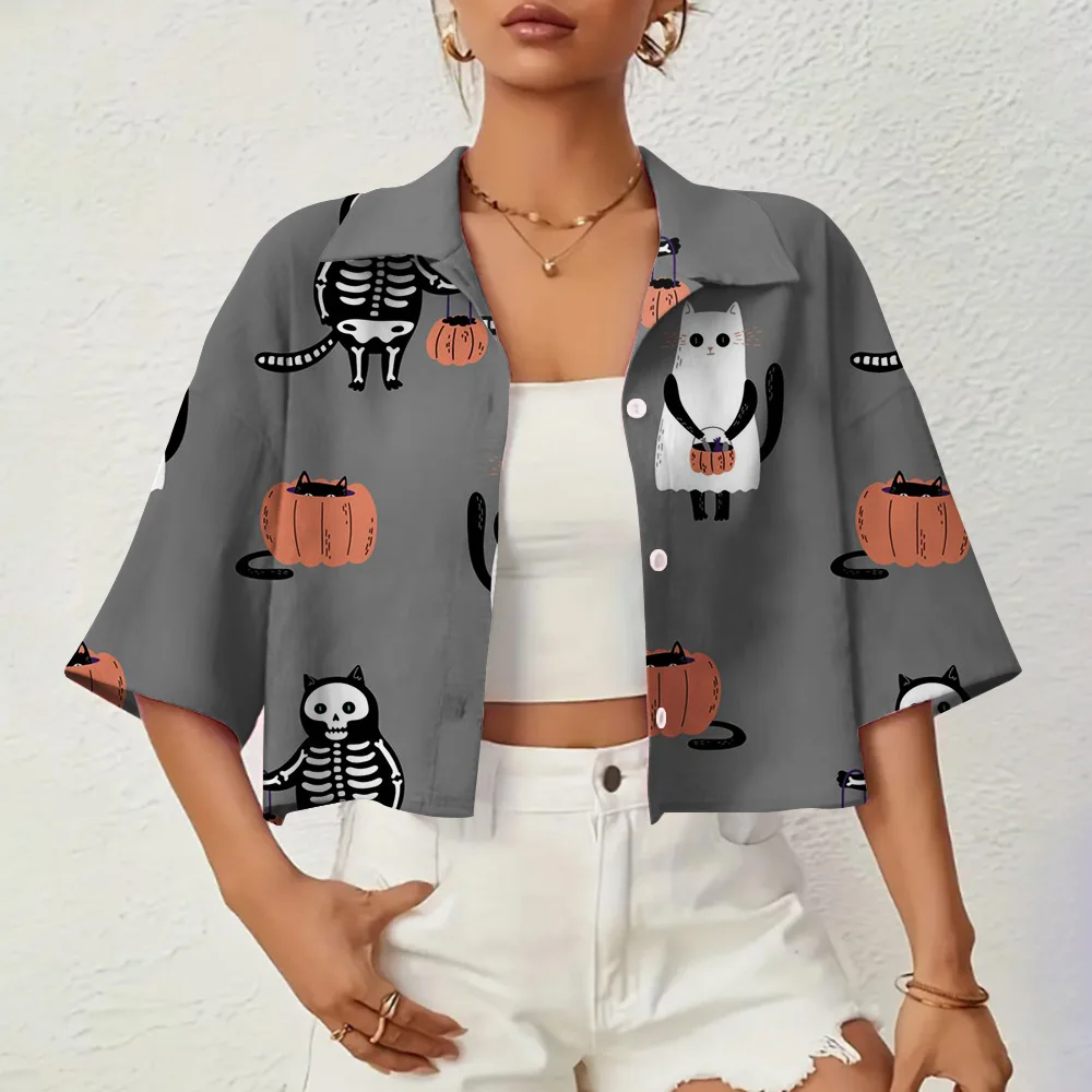

Женская летняя Свободная рубашка, Повседневная Удобная Короткая рубашка с отложным воротником и милым принтом призраков, рубашка с коротким рукавом