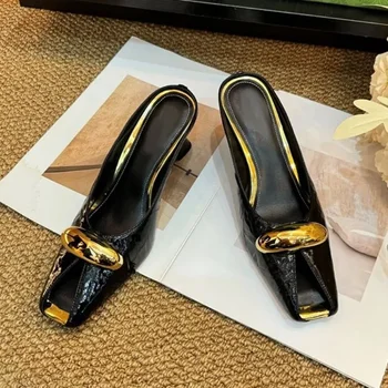 Women Summer Square Toe Shallow Mouth Metal Buckle Versatile Sexy Wedge Sandals Retro Baotou Half Slippers 1