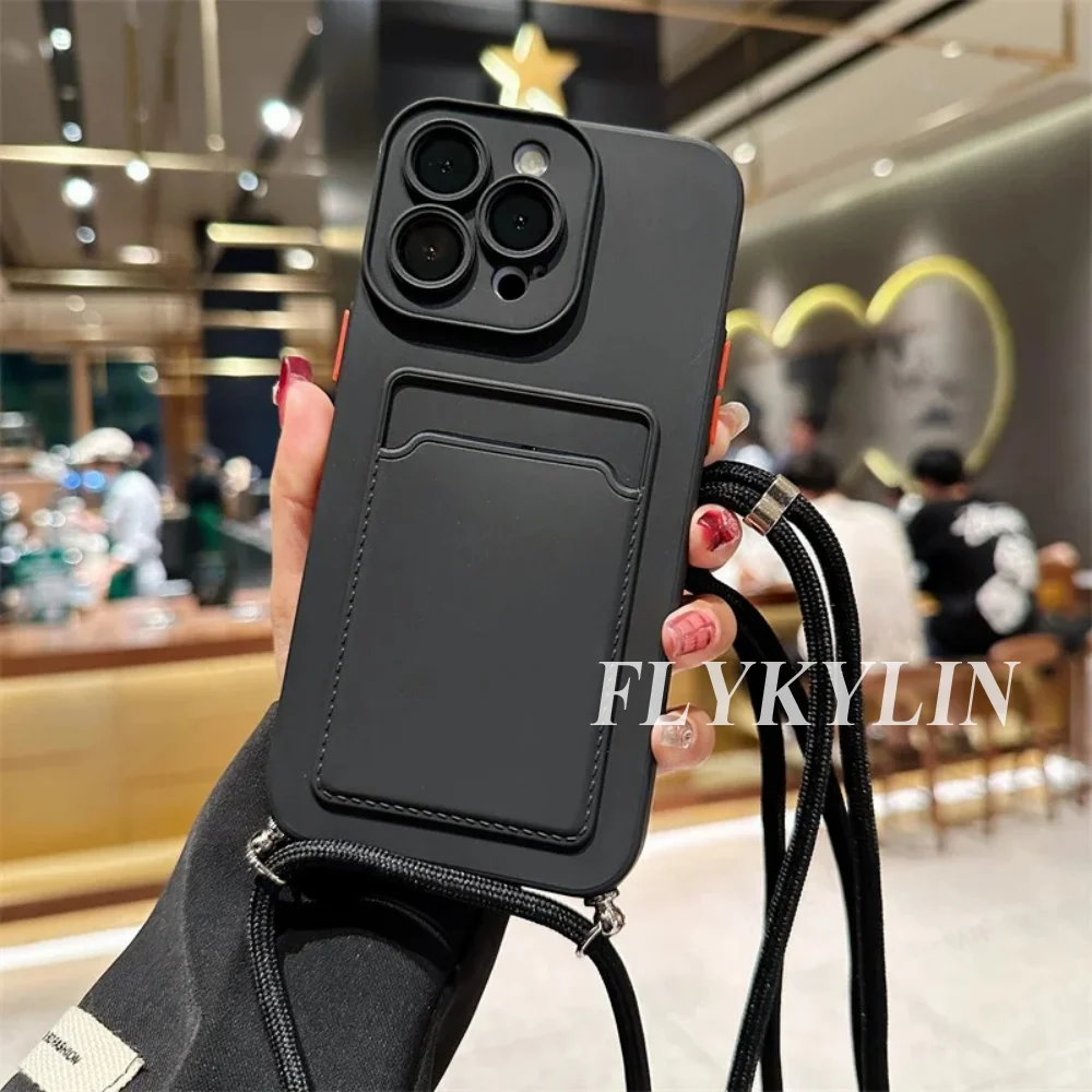 Flat Rope Solid Color Card Holder Phone Case with Soft Silicone and Hanging Rope Design