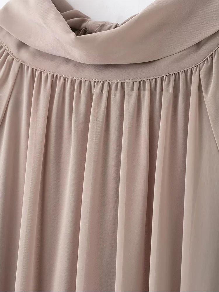 Women See Through Short Dress Elegant Lantern Sleeve Casual Half Turtleneck Party Dress Chic Female Bow Lace Up Mini Dress