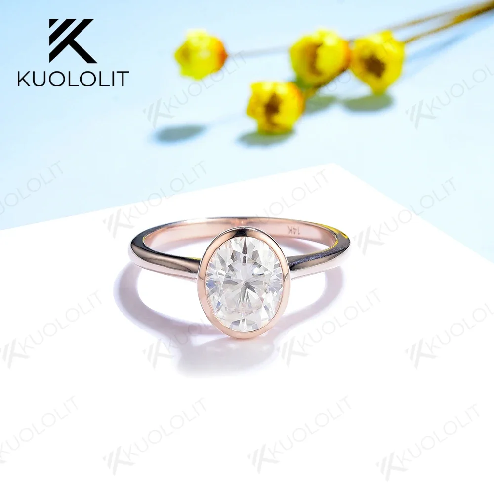 Kuololit-베젤 세트 여성용 모이사나이트 반지, 솔리드 18K 14K 10K 로즈 골드 다이아몬드 반지, 기념일 결혼식 고급 주얼리
