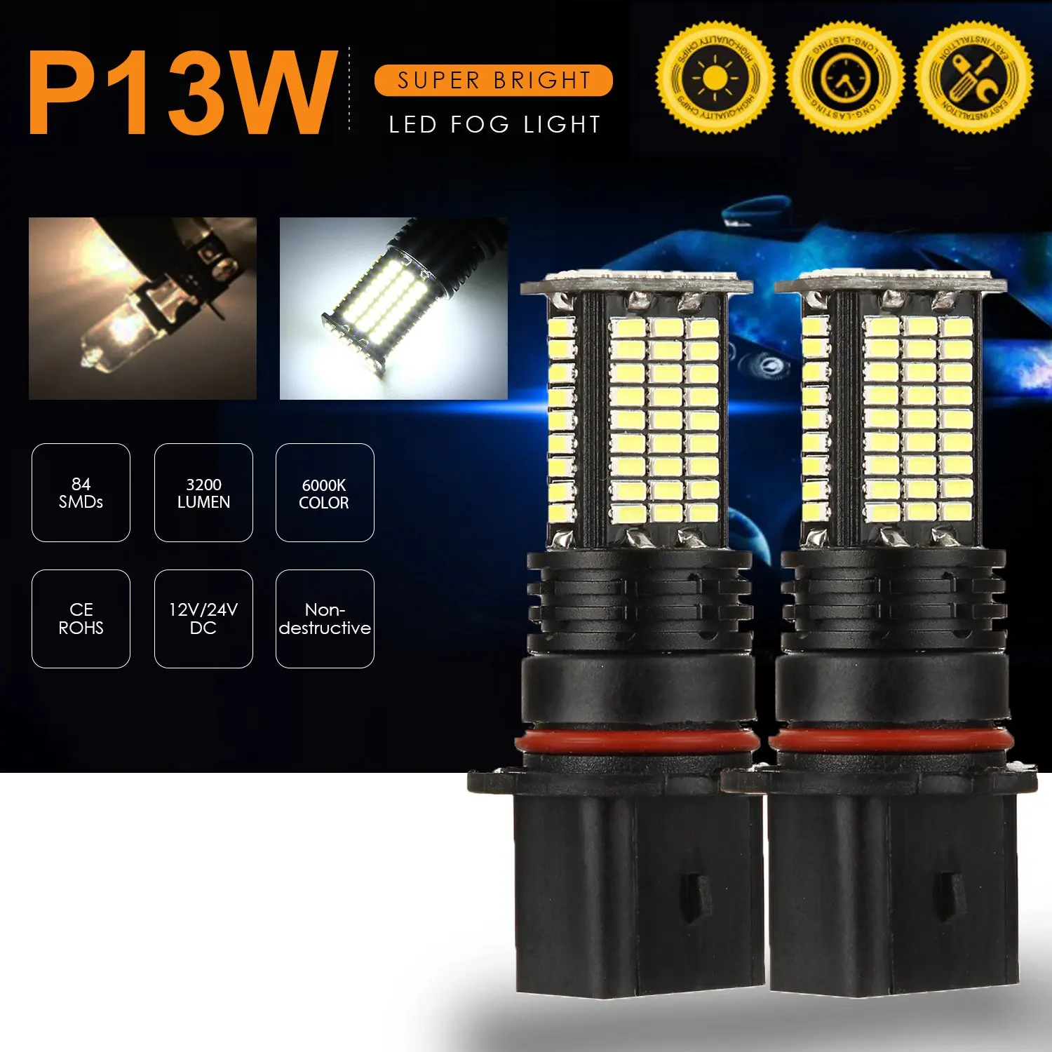 

2Pcs P13W LED Fog Light Bulbs DRL 3200 Lumens Super Bright 84-SMD 12V 24V P13W LED Bulbs Replacement For Cars, Trucks, 6000K Whi