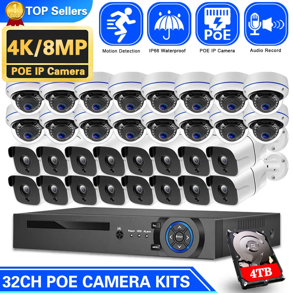 

H.265 32CH 4K POE NVR Kit 8MP CCTV security Indoor outdoor Waterproof Camera Audio Night Vision Camera Video Surveillance set