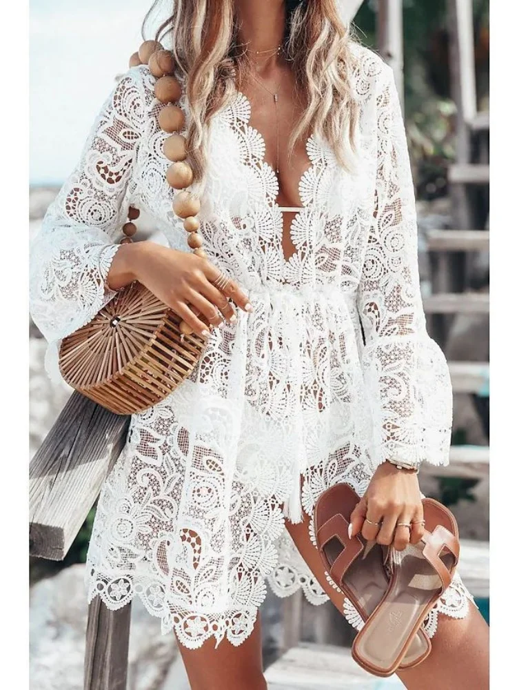 Women Summer Beach V Neck Lace Dress