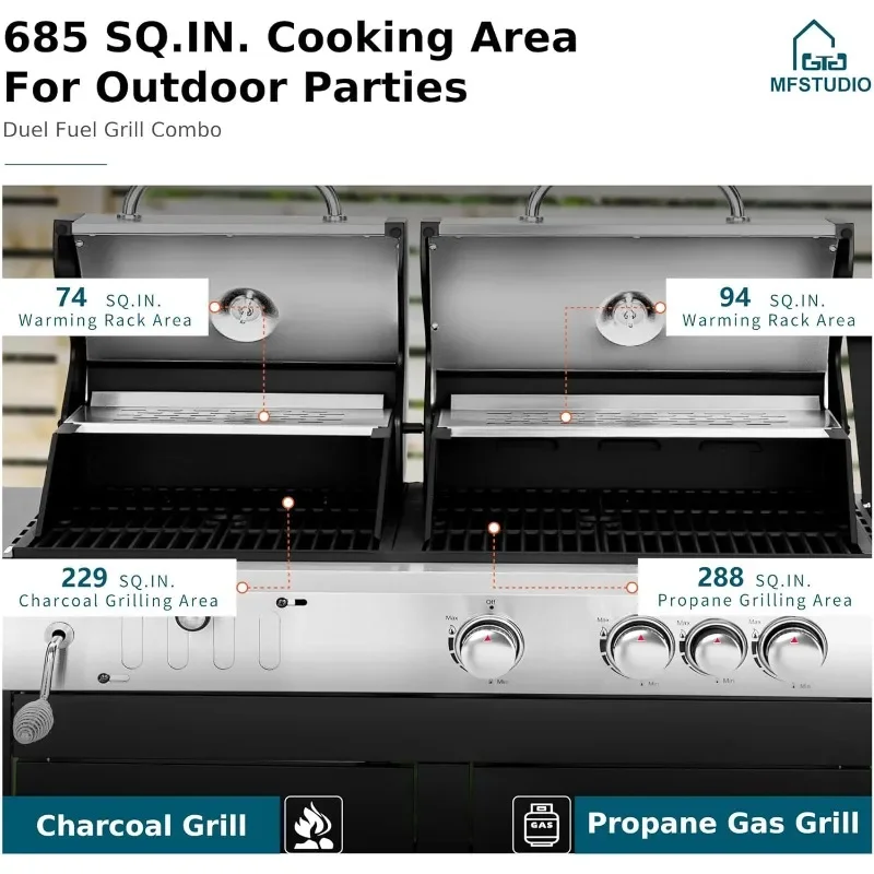 Saab6a1eff0314af289f8cf630f205d8bn Dual Fuel Propane Gas Grill and Charcoal Grill Combo with Side Burner, Porcelain-Enameled Cast Iron Grate Mallzona