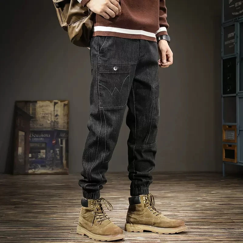 Fashion Streetwear Men Jeans Loose Fit Spliced Designer Big Pocket Casual Denim Cargo Pants Hombre Hip Hop Joggers Men Overalls