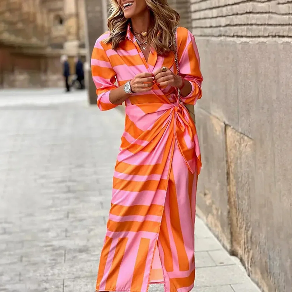 

Casual Comfortable Street Women's Wear Bandage Dress Spring Autumn Elegant Fashion Print Lapel Mid Length Striped