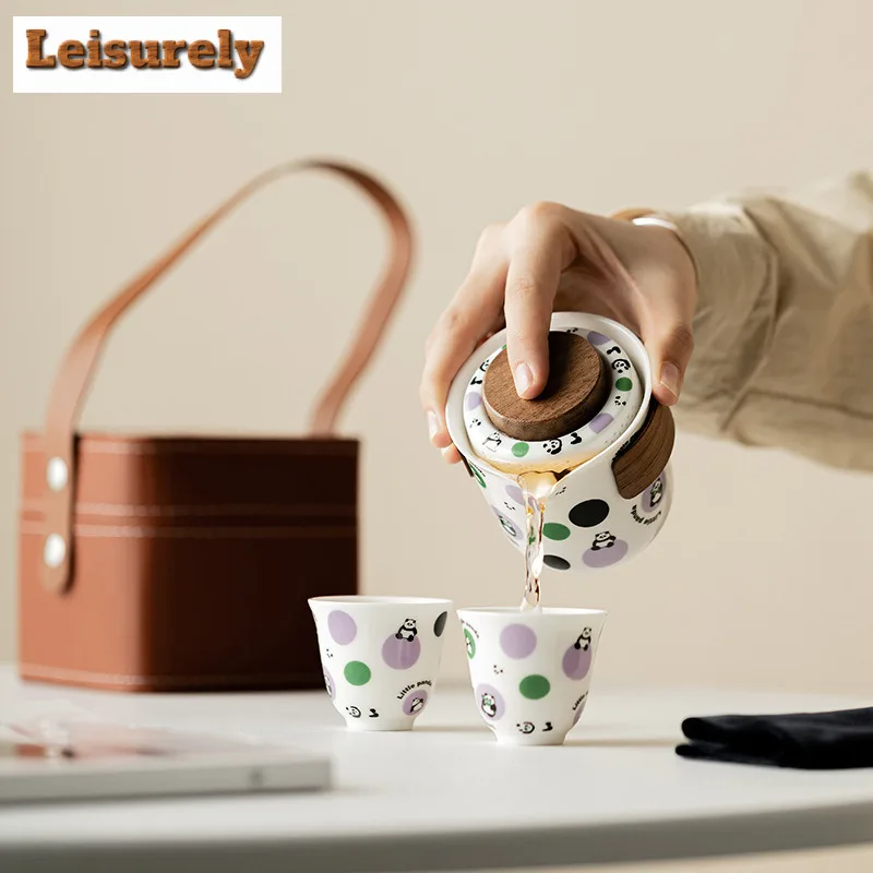 Cute Panda Travel Tea Set Kit Aesthetic Set of Cups 1 Pot 2 Cups Tea Making Organizer Portable Outdoor Stock Bags Supplies Gift