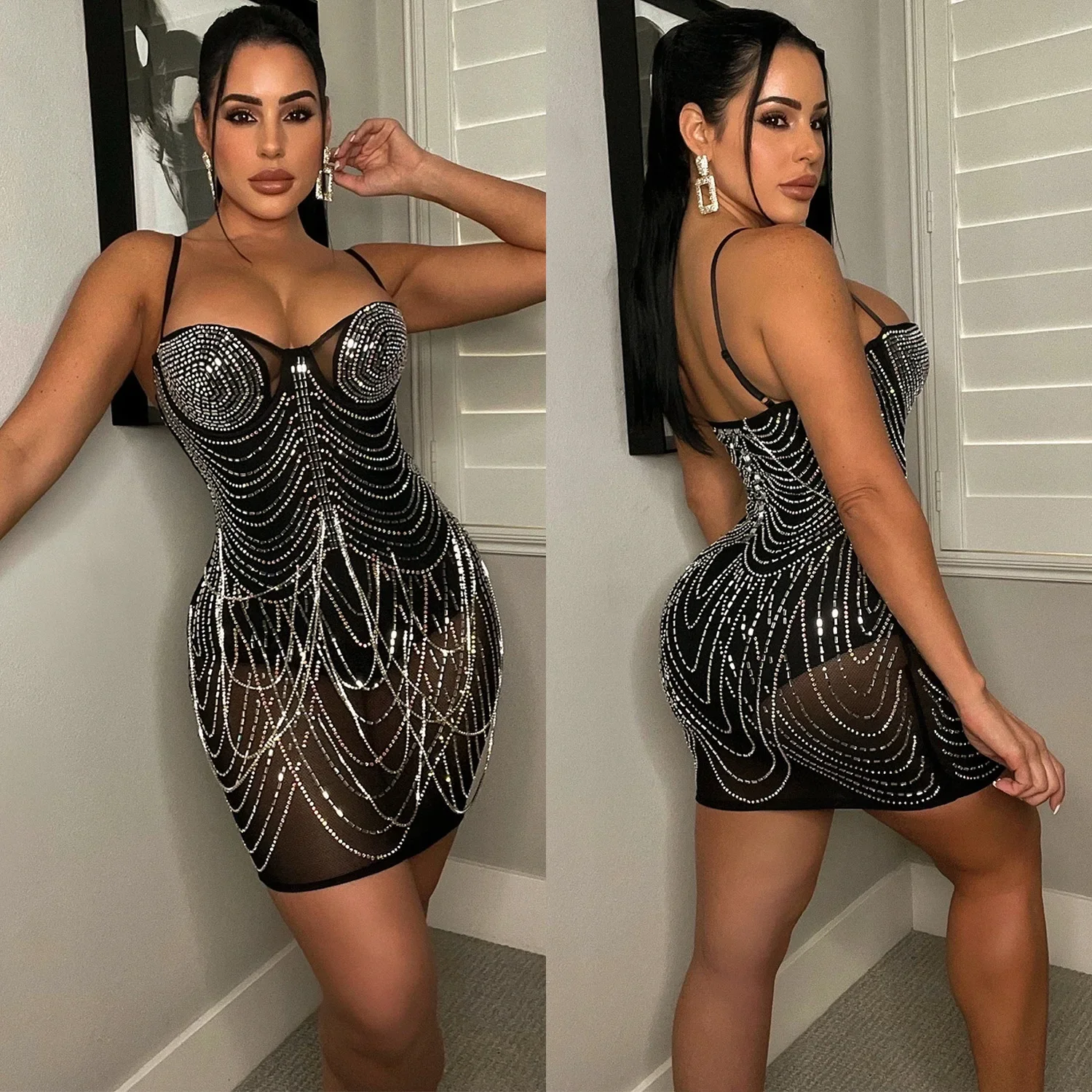 

Mesh See Through Dress for Women with Rhinestone Sexy Mini Dress Suspenders Tube Top Hip Wrap Dresses for Nightclub Party Rave