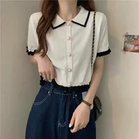 T-shirt court à boutons pour femmes, veste rayée patchwork, vêtements Y2K pour filles, pull coréen, chemise courte 1