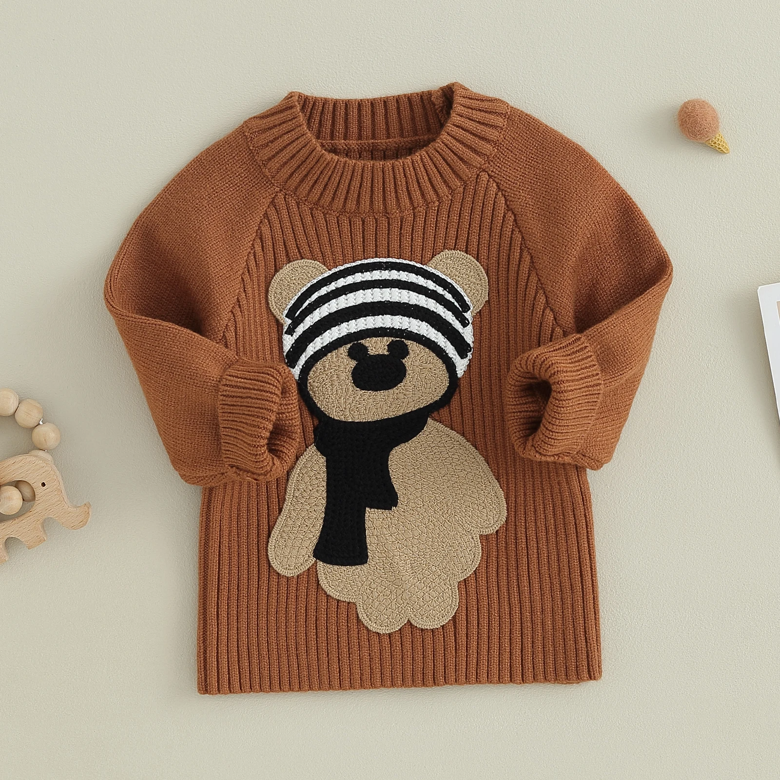 EWODOS Toddler Baby Boys Girls Knitted Bodysuits/Tops Long Sleeve Cartoon Bear Embroidery Knit Sweaters Infant Fall Outfits