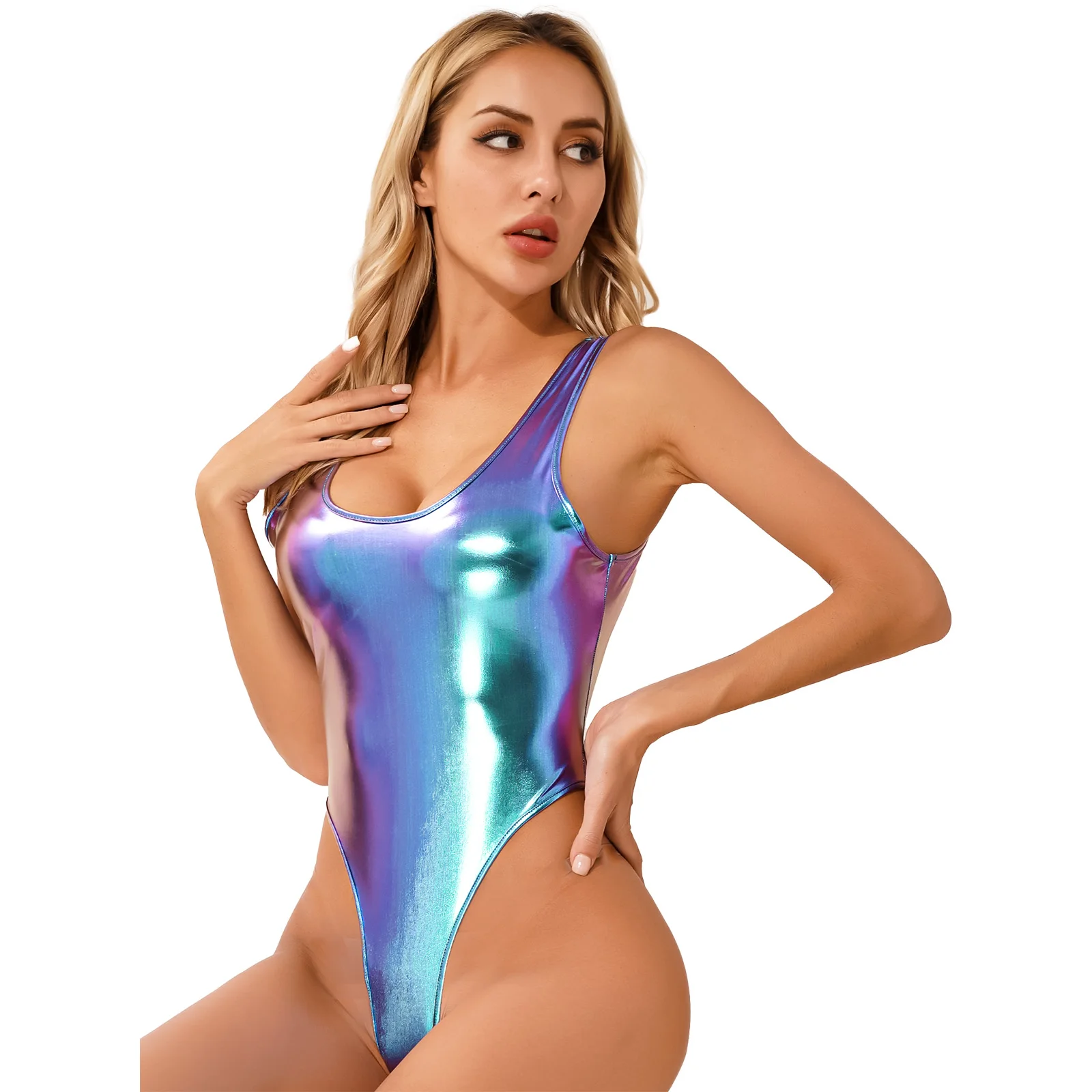 Body de mujer con escote alto y parte delantera metalizada, ropa de club, atuendo rave, leotardo con cremallera invisible en la espalda, traje de baño para fiesta en la piscina