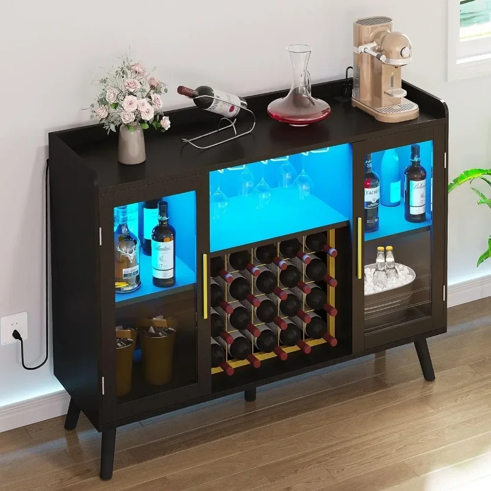 Wine Bar Cabinet With Led Lights & Power Outlets, 53" Coffee Bar Cabinet For Liquor And Glasses, Modern et Sideboard With