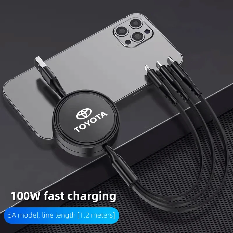 차량용 USB 고속 충전 엠블럼, 도요타 수프라, 아이고, 프라도, RAV4, 힐럭스, 야리스, 코롤라 4, 러너 캠리용, 3 인 1 개폐식 케이블, 100W