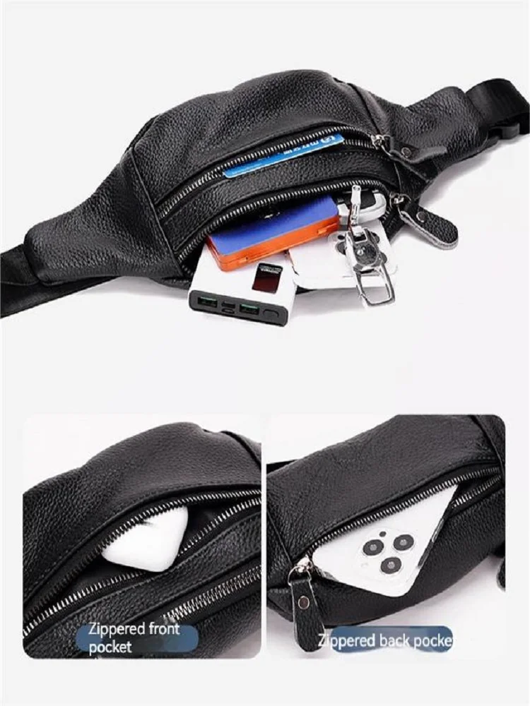Men's Genuine Leather Fanny Waist Pack Large Capacity Man Cowhide Vintage Crossbody Chest Bag Sports Mobile Phone Waist Bag Male