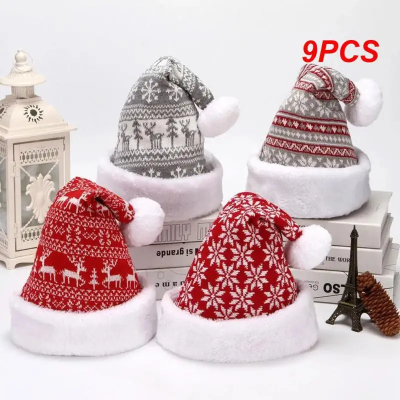 

9PCS Snowflake Elk Knitted Christmas Hat Winter Thicken Knitted Velvet Cloth Adult Christmas Hat New Year Party Christmas Gifts