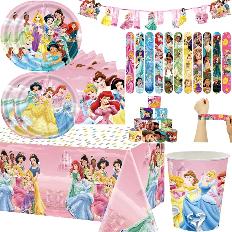 Party Tableware Disney Princess Theme Disposable Tableware Girl Birthday Party Supplies Cup Plate Tablecloth Set