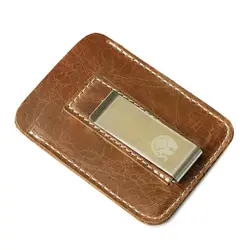 Men's Slim Genuine Leather Money Clip Wallet - Minimalist Design with Credit Card Slot and Cash Clamp (Brown)